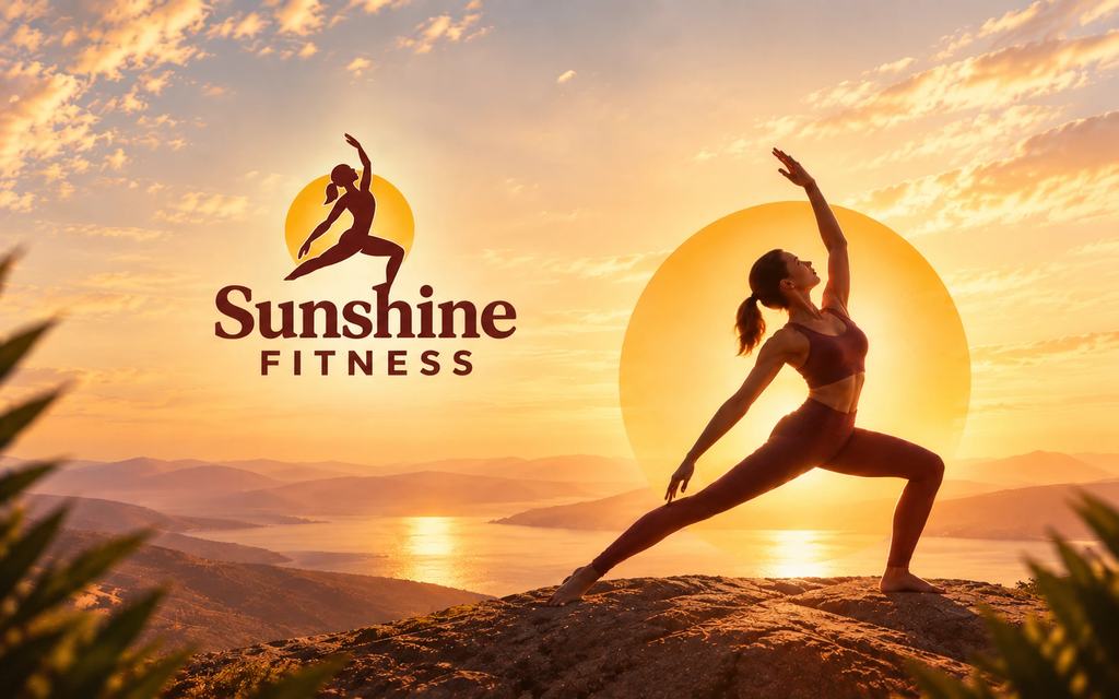 Sunshine Fitness: אישה בתנוחת לוחם על סלע מול שמש זהובה, מעל מפרץ והרים בשקיעה